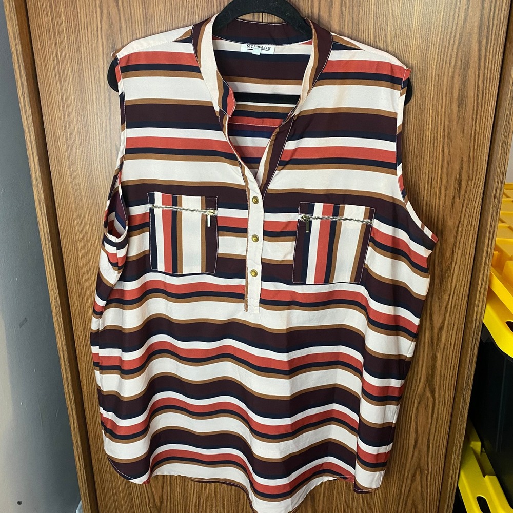 Mileage‎ Striped Sleeveless Blouse Womens 3X Multicolor Zip Pocket Button Front